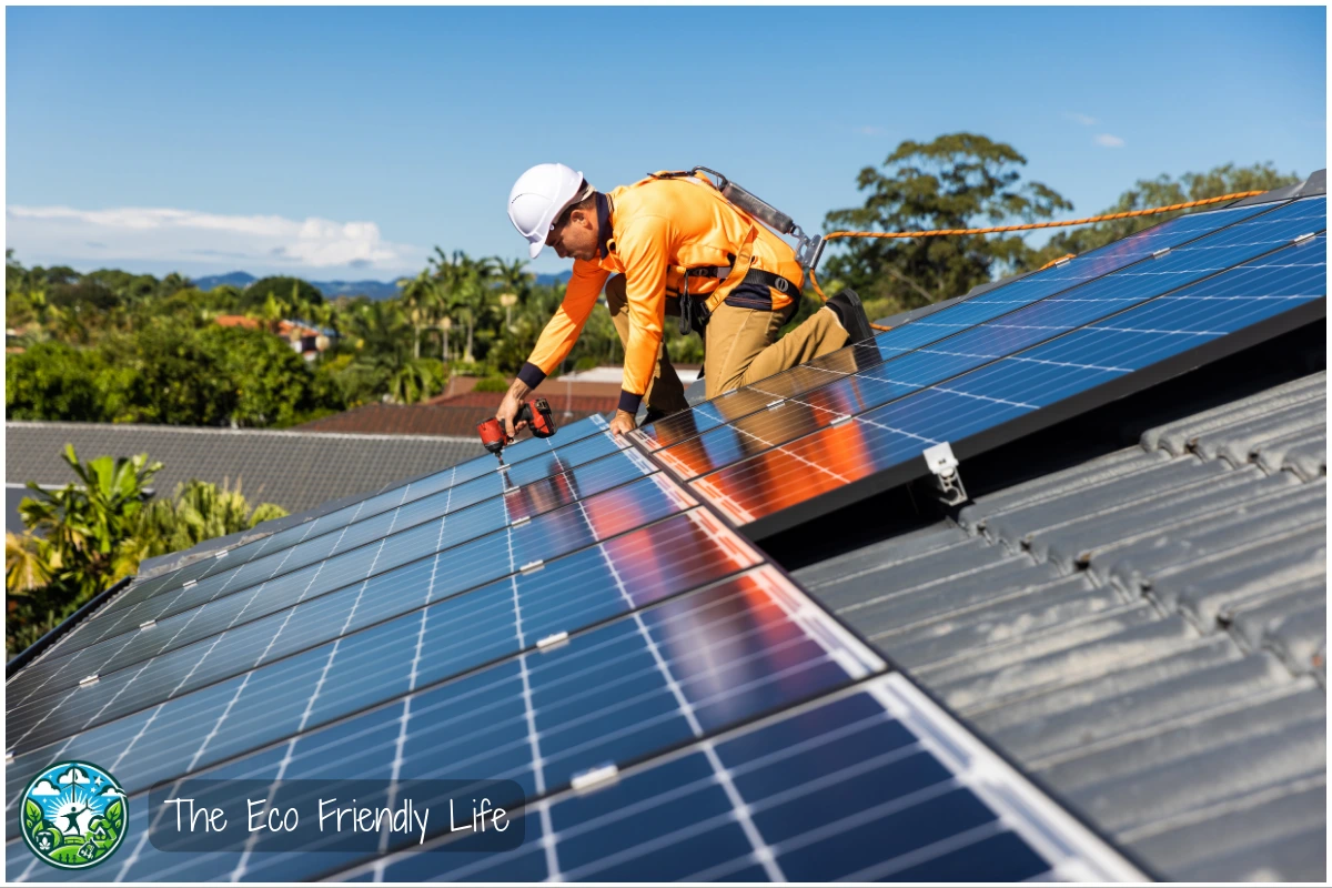 An Image Showing A Technician Installing Solar Panels On A Roof