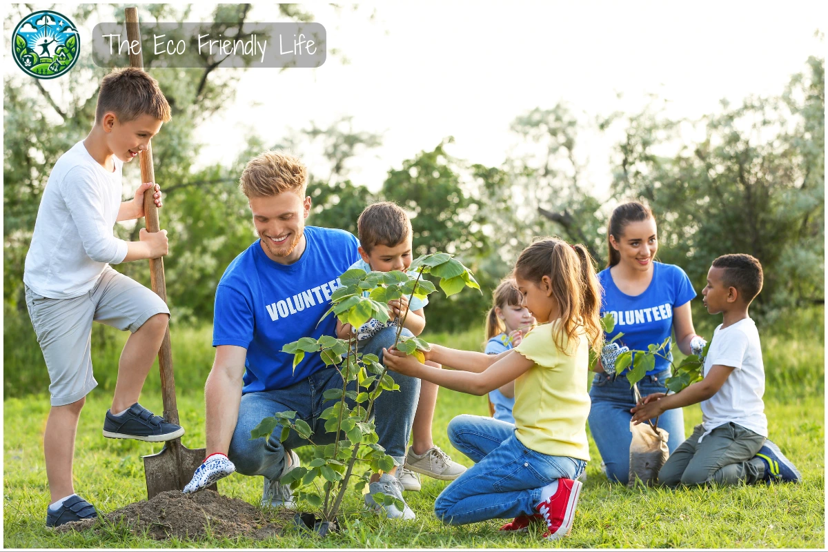 An Image Showing Kids Planting Trees With Volunteers In A Park