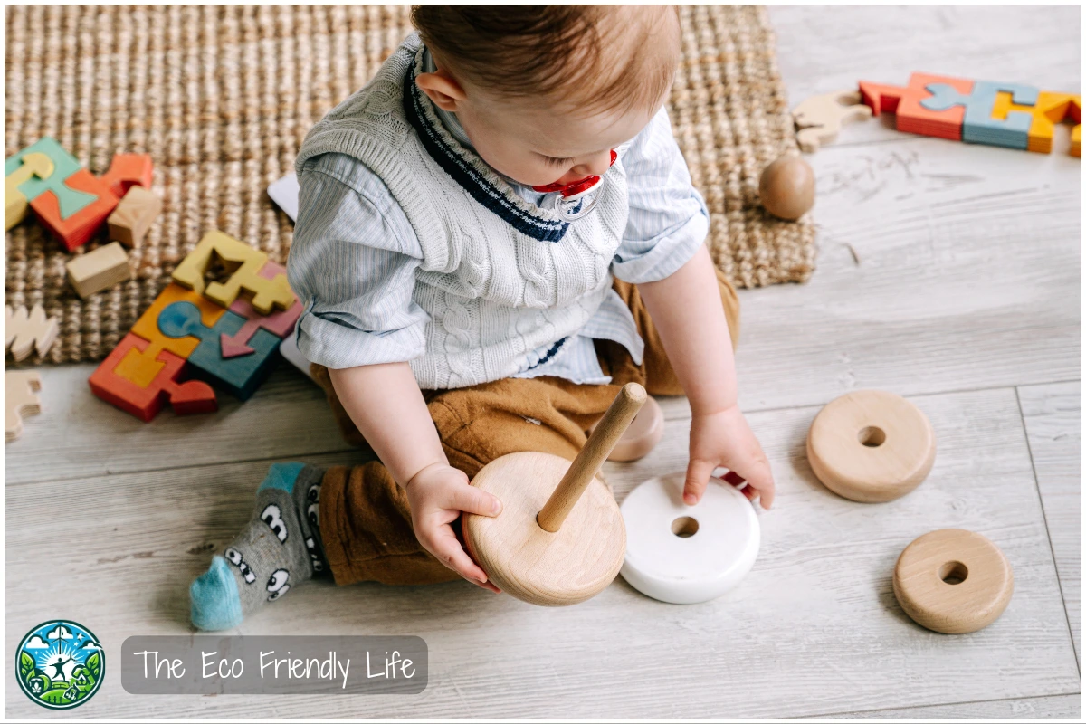 An Image Showing A Baby Boy Playing With Wooden Toys