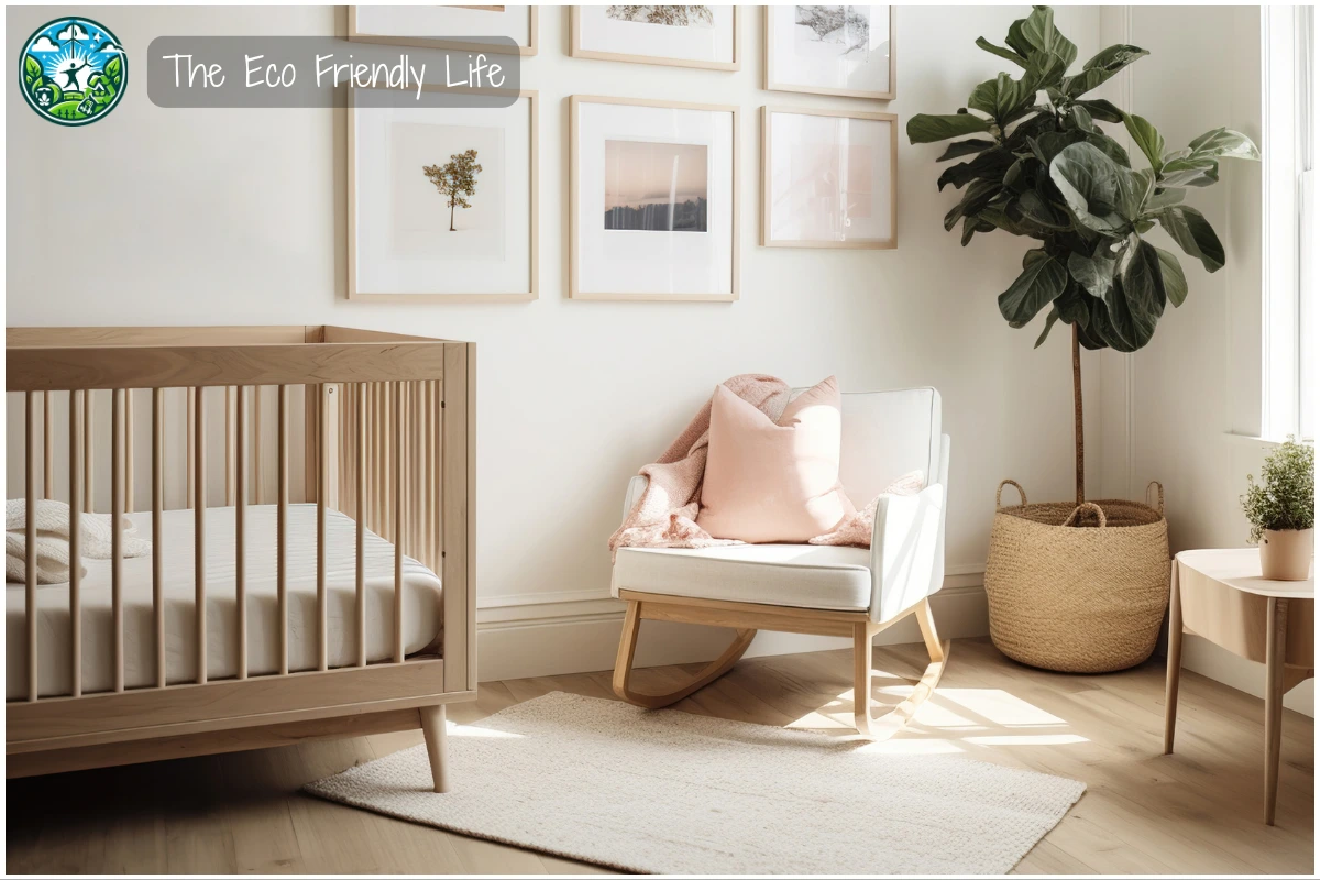 An Image Showing A Eco-Friendly Nursery With Wooden Furniture, Organic Bedding And A Plant