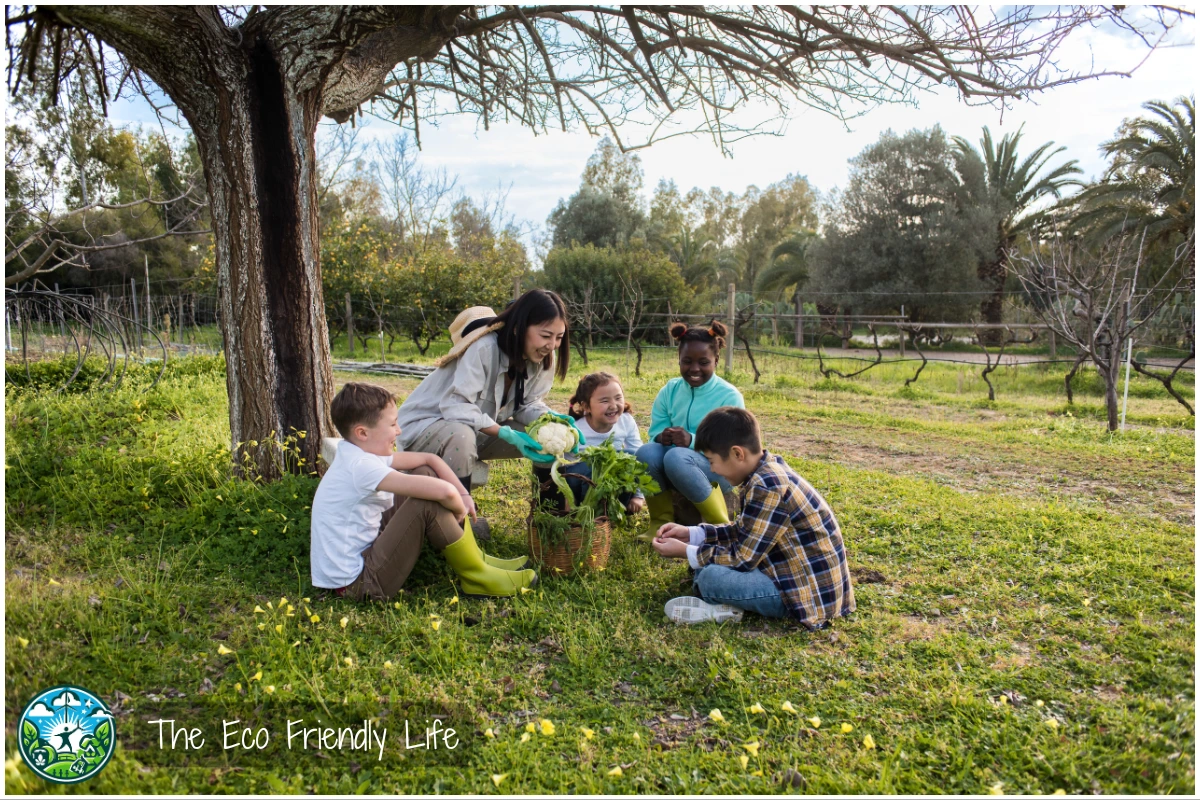 An Image Showing A Female Gardener Teaching Kids How to Plant