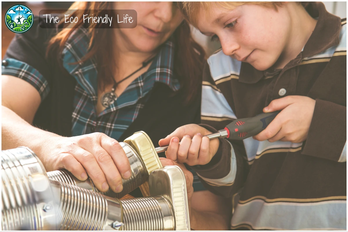 An Image Showing A Mum And Son Building a Tin Man Using Recycled Materials