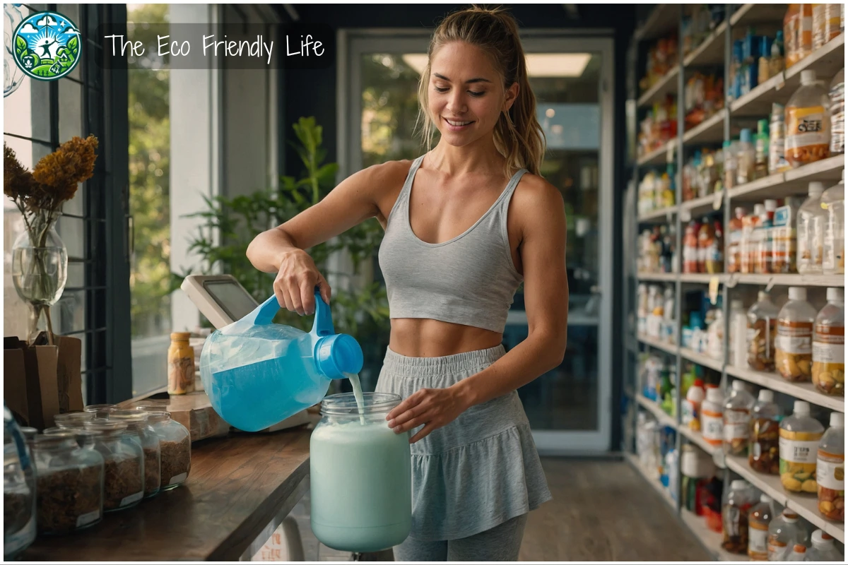 An Image Showing A Lady Refilling Detergent At An Eco-Friendly Store