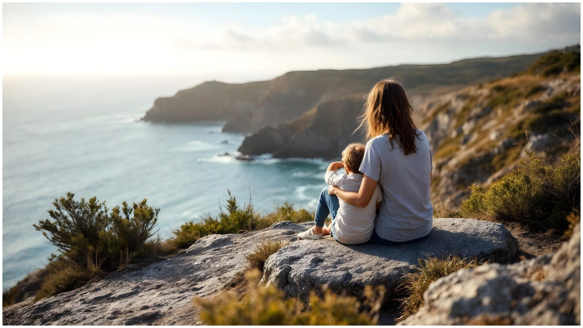 An image showing a mother and her son looking out over a coastal landscape