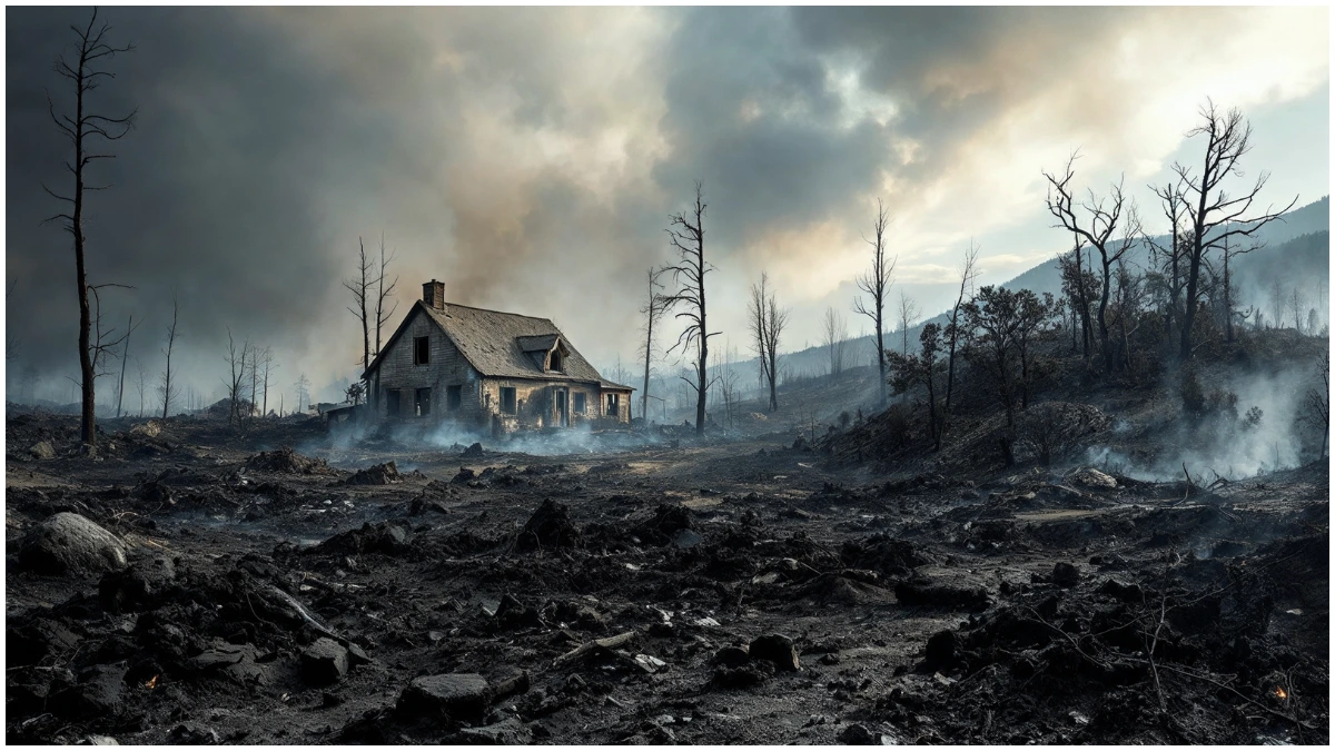 An image of a blackened landscape destroyed by a wildfire