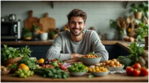 An image of a smiling young man at a kitchen table surrounded by vibrant, plant-based foods