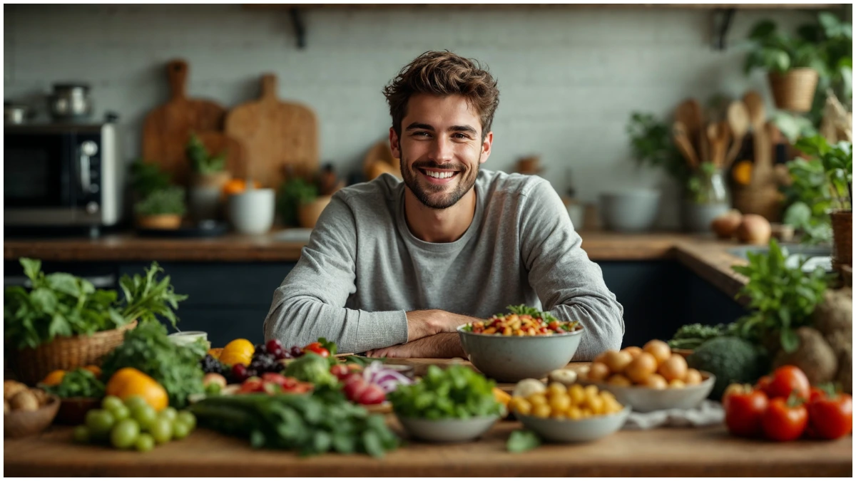 An image of a smiling young man at a kitchen table surrounded by vibrant, plant-based foods