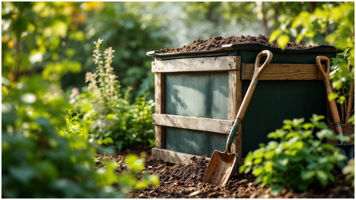 An image suggesting to start composting at home with a simple bin to enrich your garden