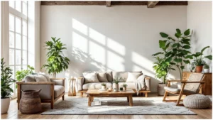 A minimalist living room with sustainable furniture, natural light, and eco-friendly decor.