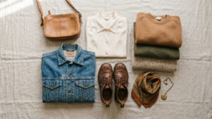 A flat-lay of curated vintage clothing items including a folded blue denim jacket, a cream button-up blouse, a pair of worn brown leather lace-up boots, stacked earth-toned knitwear in camel and olive green, a tan leather crossbody bag, a patterned silk scarf, and a small gold locket necklace, arranged neatly on a natural linen fabric background.