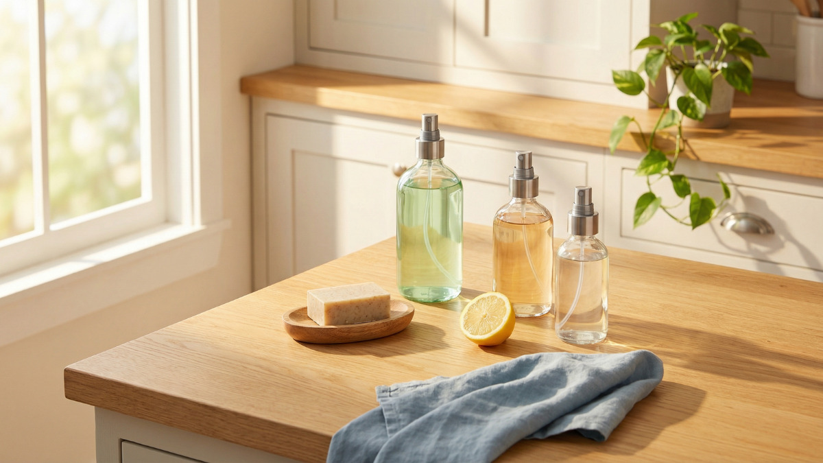 A wooden kitchen counter with three glass spray bottles of natural cleaning solutions, a halved lemon, a natural soap bar on a wooden dish, and a folded blue linen cloth, representing eco-friendly and non-toxic cleaning product choices for a sustainable home.