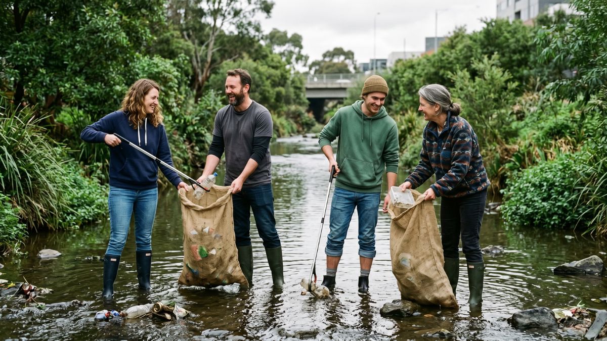 Four adults of mixed ages wearing casual everyday clothes — hoodies, jeans, and rubber boots — stand in a shallow urban creek using grabbers and hessian sacks to collect plastic bottles and rubbish, laughing together as they work, with lush green riparian vegetation and a bridge visible in the background.