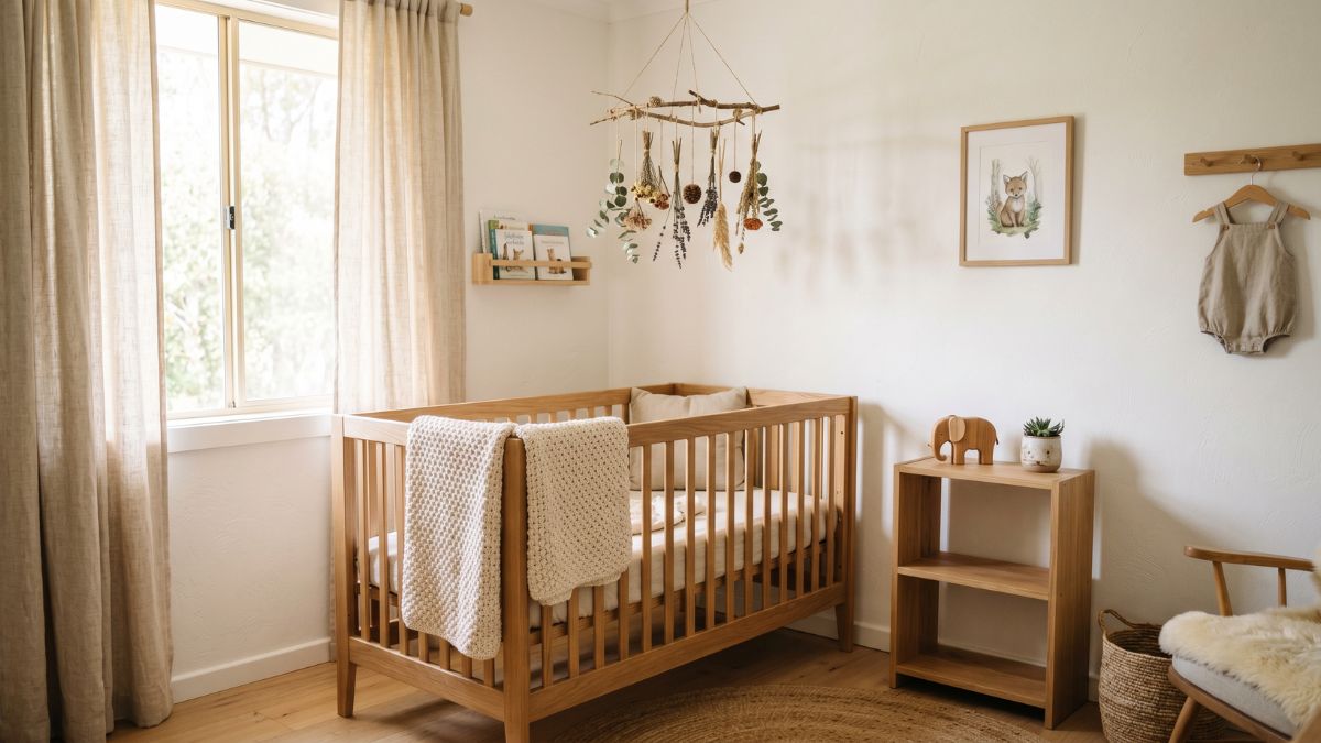 A softly lit baby's nursery featuring a solid timber crib with a white knitted cotton blanket, a handmade dried-botanical mobile suspended from the ceiling, natural linen curtains, and a small wooden side table with a toy elephant, with no plastic visible in the room.