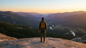 A solo hiker with a small backpack stands on a rocky mountain summit at golden hour, overlooking a wide forested valley with a winding river and layered mountain ridges at sunset.
