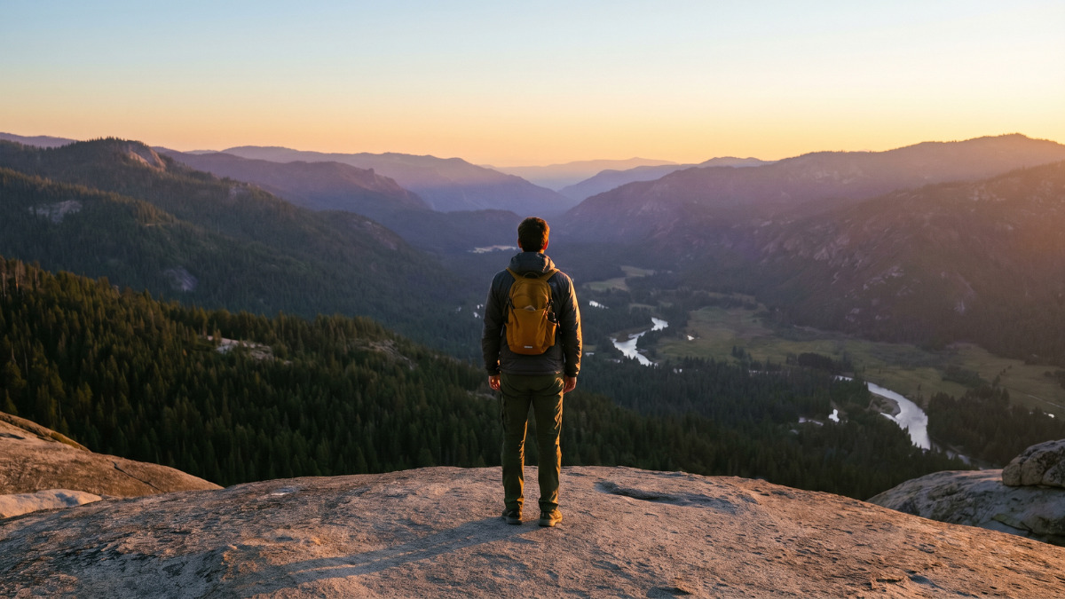 A solo hiker with a small backpack stands on a rocky mountain summit at golden hour, overlooking a wide forested valley with a winding river and layered mountain ridges at sunset.