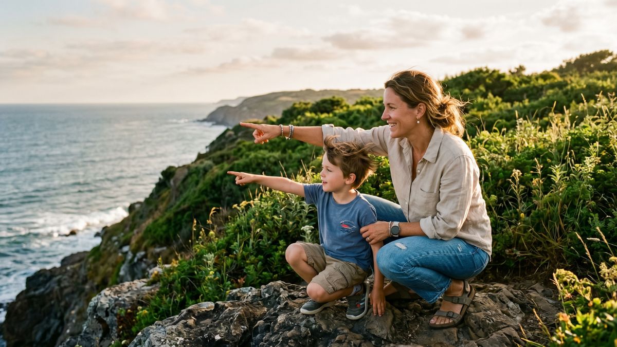 A mother and young son crouch together on a rocky coastal headland, both pointing toward the ocean horizon, surrounded by lush green coastal vegetation in warm golden-hour light.