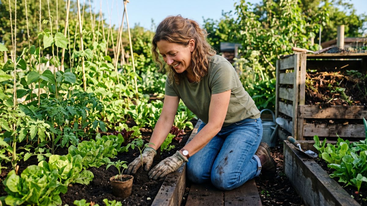 A smiling woman in a green t-shirt, jeans, and gardening gloves kneels in a raised vegetable bed pressing a seedling into the soil, surrounded by lush lettuce, climbing beans, and a timber compost bin in warm morning sunlight.