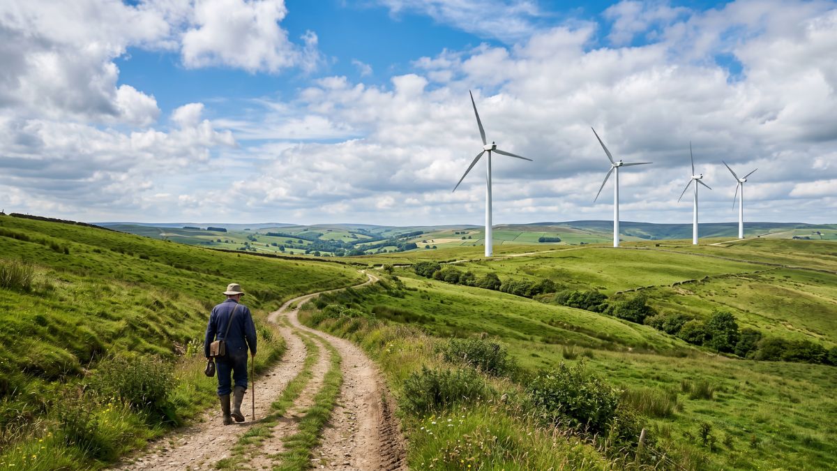 A farmer in work clothes and a wide-brimmed hat walks a winding dirt track through rolling green hills toward a cluster of large white wind turbines standing against a dramatic blue sky with scattered white clouds.