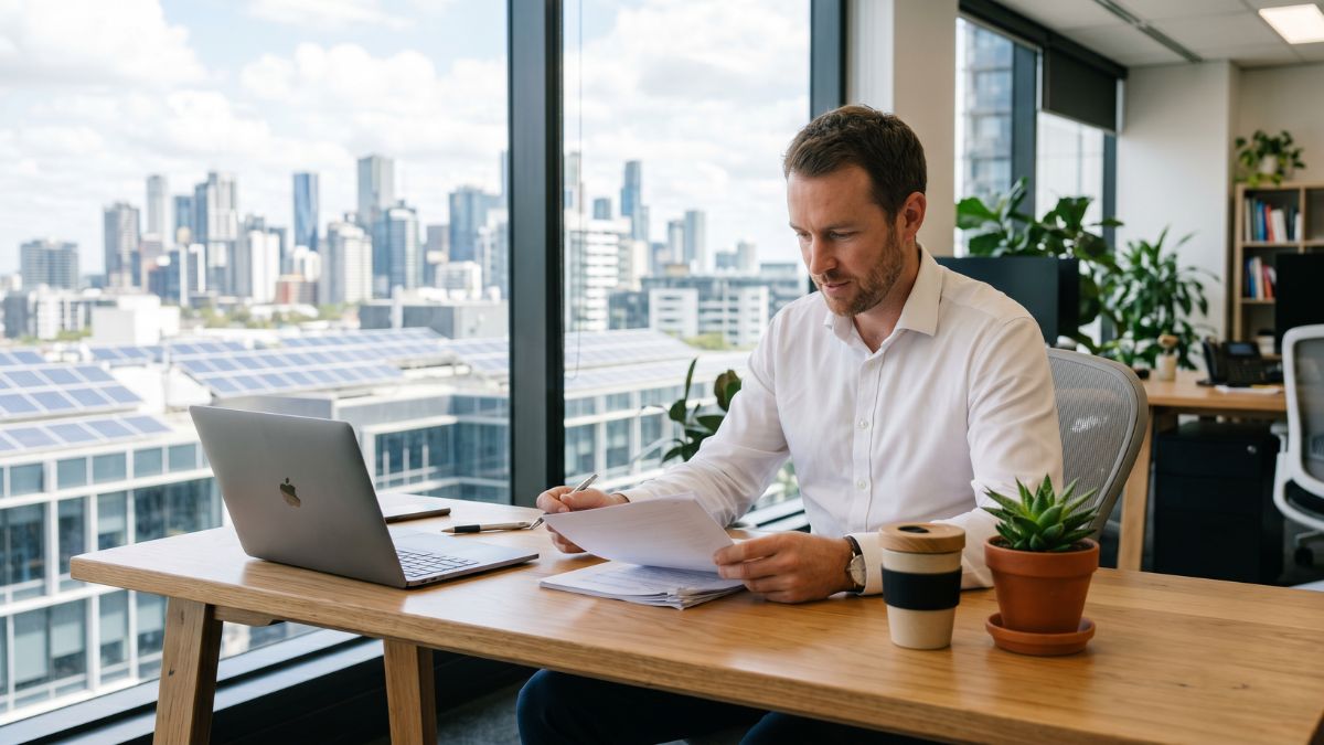 A man in his late thirties wearing a white dress shirt reviews financial documents at a timber desk in a modern office, with a laptop, a reusable coffee cup, and a small potted succulent, while a city skyline featuring large rooftop solar panel arrays is visible through floor-to-ceiling windows behind him.