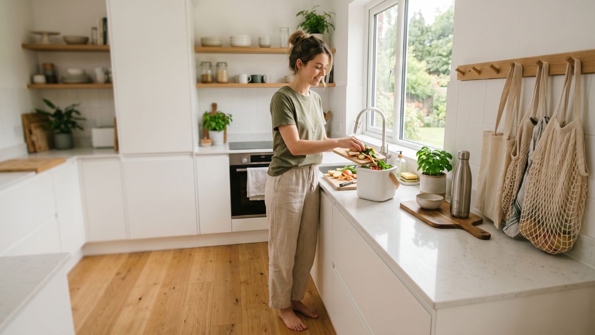 A young woman in a green t-shirt and linen trousers places vegetable scraps into a countertop compost bin in a bright modern white kitchen, with reusable mesh bags hanging on a hook and a stainless steel water bottle on the bench.
