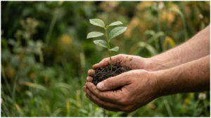 A pair of weathered hands cupping a small green seedling with dark soil around its roots, held against a blurred background of lush green grass and meadow plants.