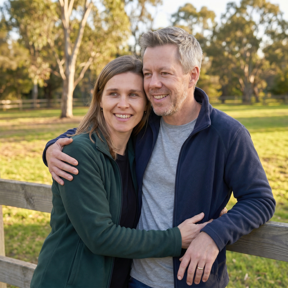 Al and Katrina of The Eco Friendly Life standing together in a lush outdoor setting surrounded by native eucalyptus trees, embodying their shared vision of a greener world built through small but impactful eco-conscious choices and family values.