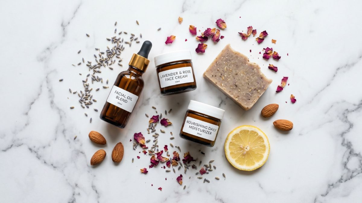 A flat-lay arrangement of natural skincare products — including a facial oil blend, a lavender and rose face cream, a nourishing daily moisturizer, and a handmade soap bar — on white marble, surrounded by dried rose petals, lavender seeds, almonds, and a halved lemon.