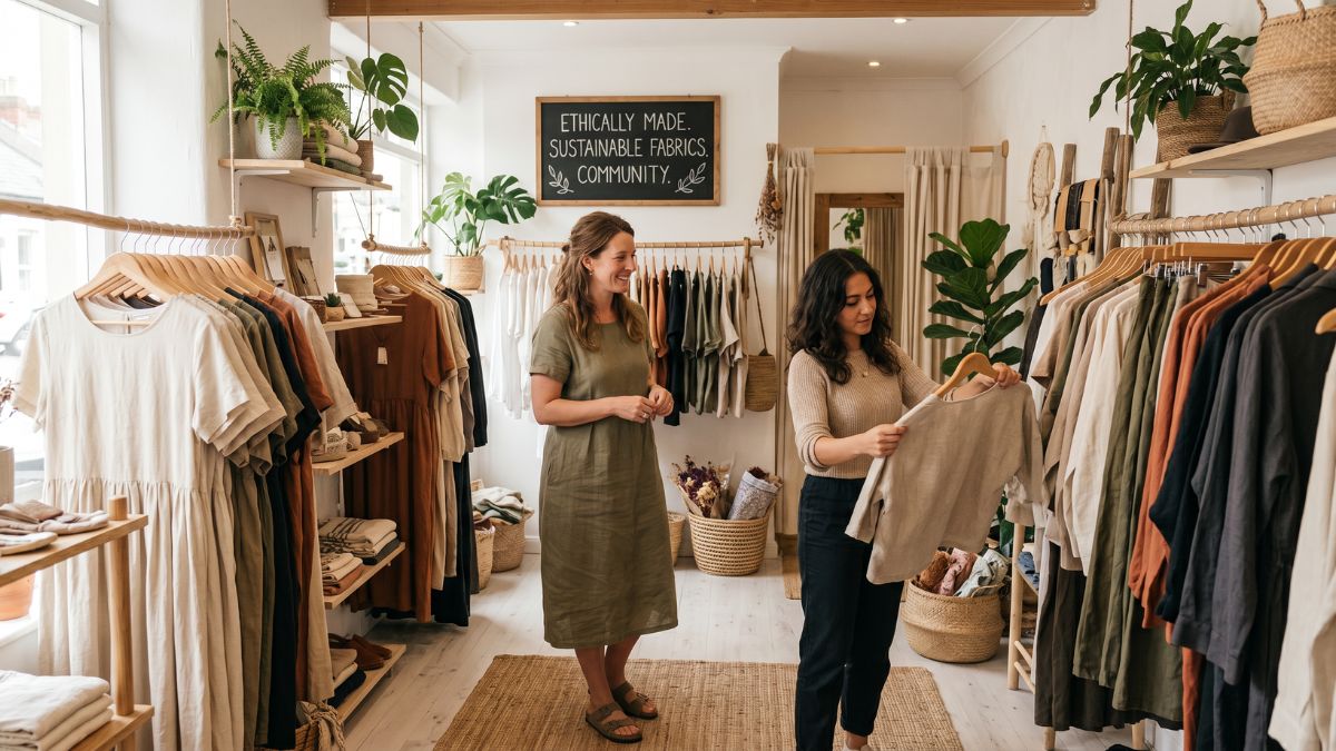 Two women browse linen and cotton garments on wooden racks inside a bright sustainable clothing boutique, with a chalkboard sign reading "Ethically Made. Sustainable Fabrics. Community." on the wall behind them.