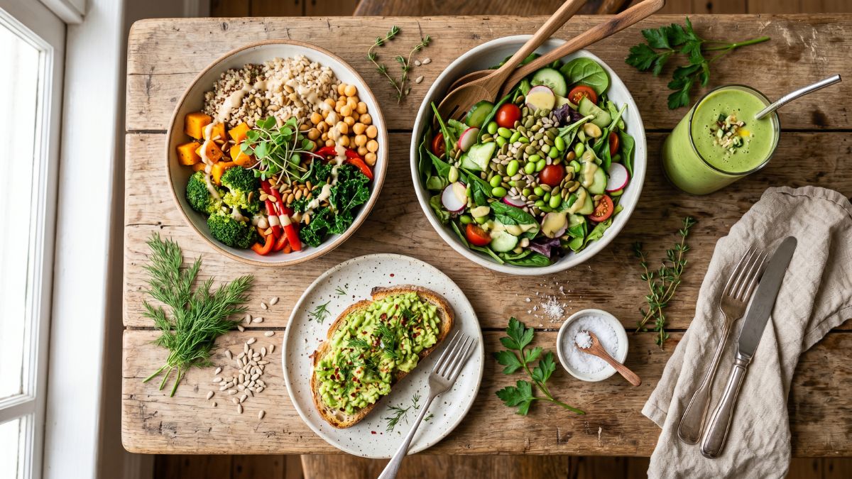 An overhead flat-lay of colorful plant-based dishes on a rustic timber table, including a grain and roasted vegetable bowl with chickpeas, a green salad with edamame and seeds, avocado toast on sourdough, and a green smoothie with a stainless steel straw.