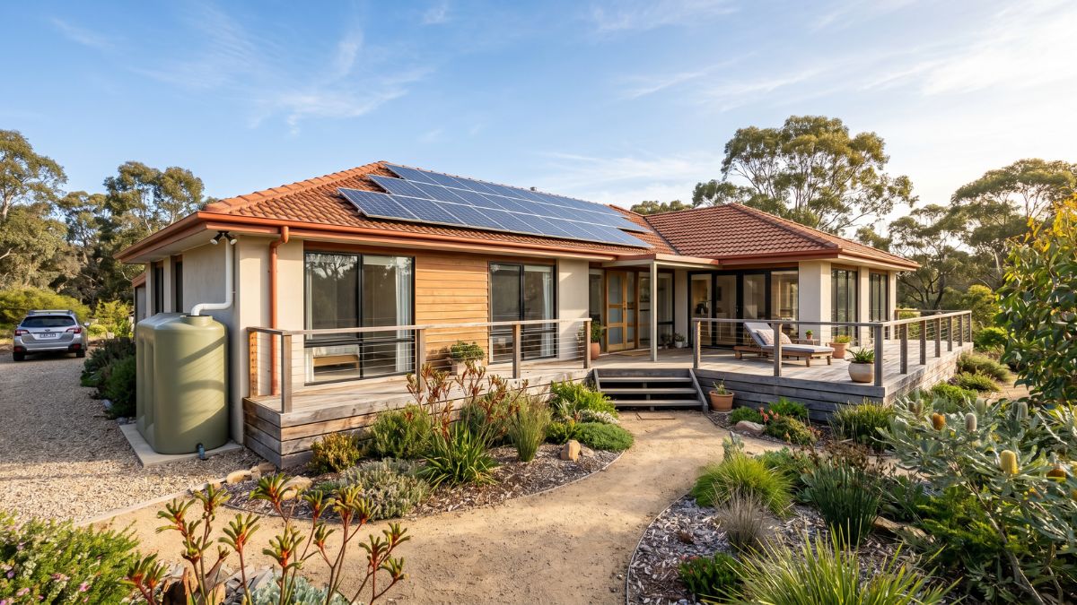 A modern family home featuring rooftop solar panels, a green rainwater storage tank, a wraparound timber deck, and native drought-resistant garden beds photographed in warm morning sunlight.