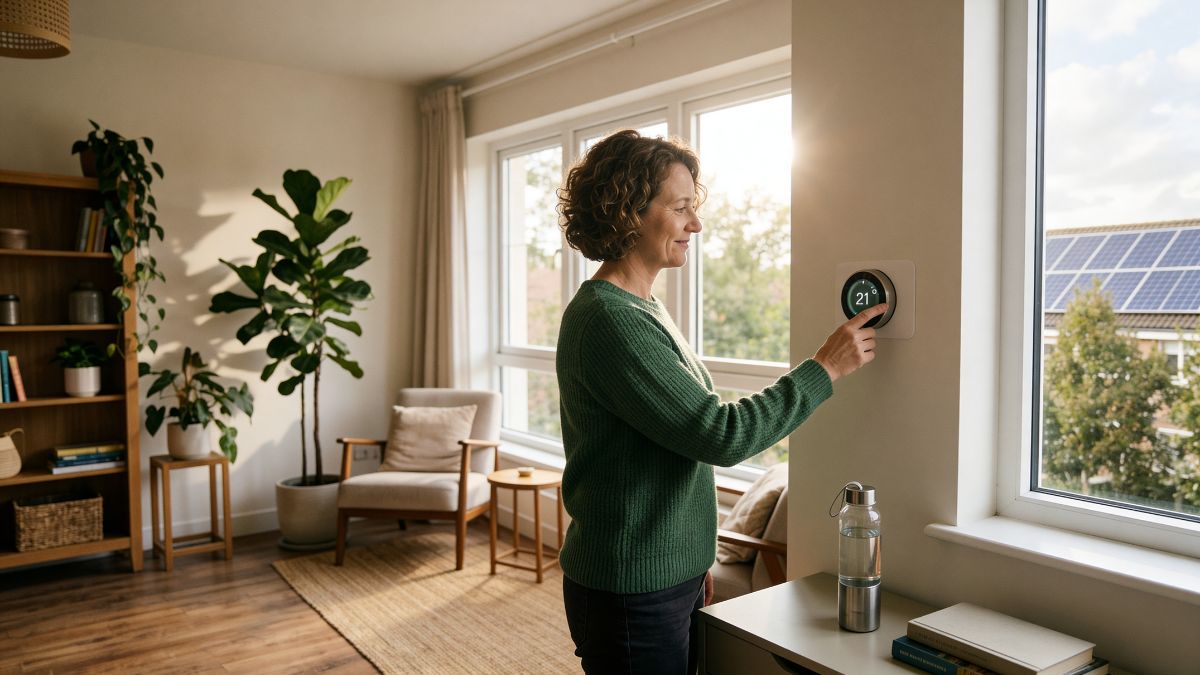 A woman in a green sweater adjusting a smart thermostat in a bright, eco-friendly living room, with solar panels visible on a neighboring rooftop through the window, illustrating practical everyday actions to help the environment.