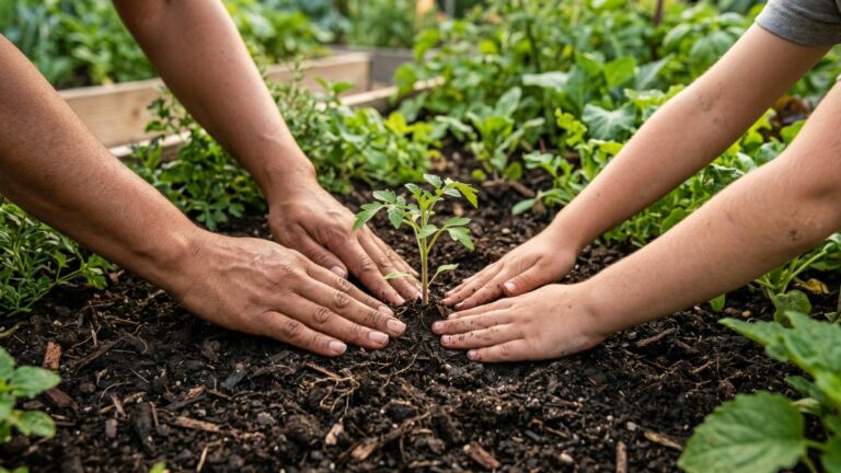 An adult and child plant a seedling together in a raised garden bed filled with dark soil and surrounding green plants, representing everyday environmental action and sustainable living.