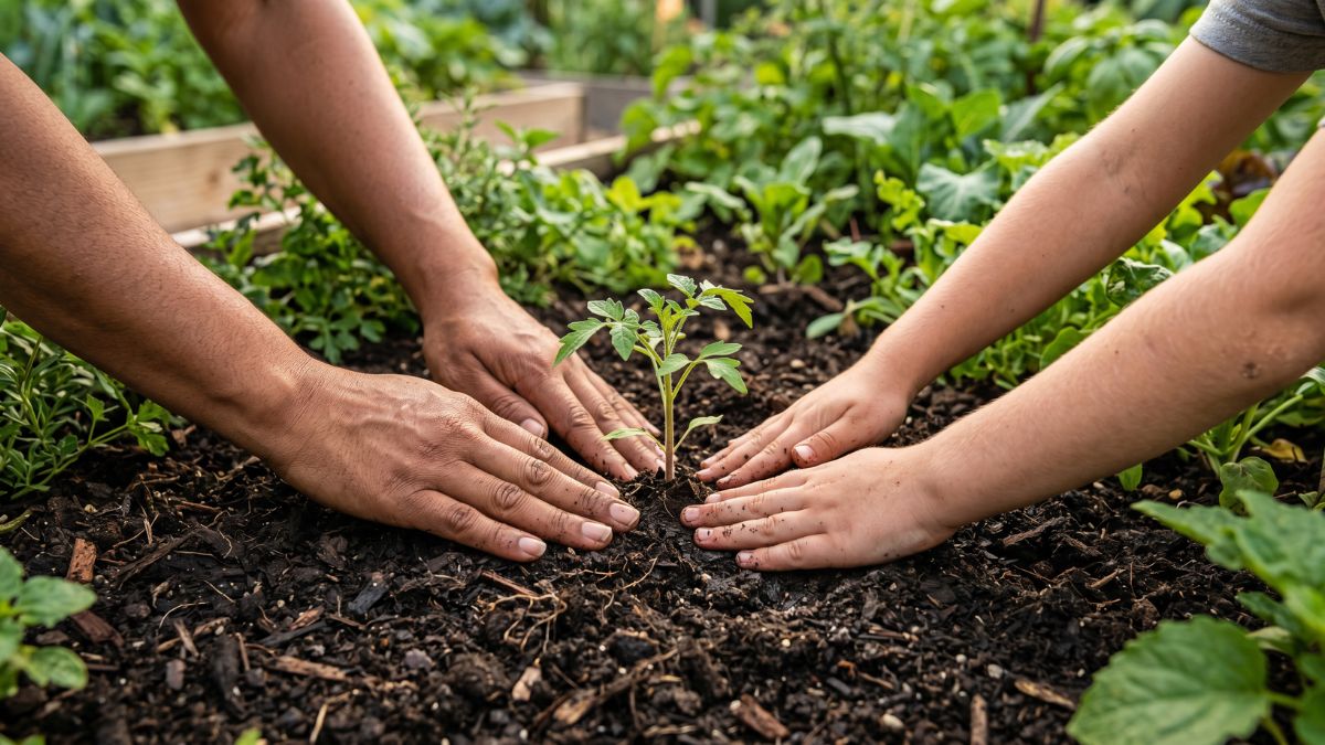 An adult and child plant a seedling together in a raised garden bed filled with dark soil and surrounding green plants, representing everyday environmental action and sustainable living.