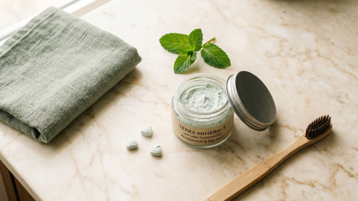 Open glass jar of natural mineral toothpaste with peppermint and sea salt beside a bamboo toothbrush, sage-green linen towel, and fresh peppermint leaves on a cream marble bathroom counter.