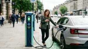 A smiling woman connects a charging cable to a silver electric vehicle at a public street charging station marked EV Only, with a busy city street and pedestrians visible in the background.