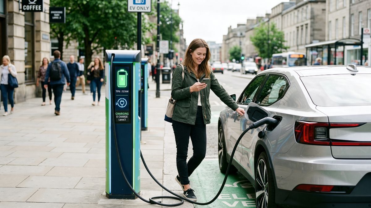 A smiling woman connects a charging cable to a silver electric vehicle at a public street charging station marked EV Only, with a busy city street and pedestrians visible in the background.