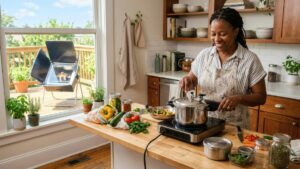 A woman cooking fresh vegetables on a portable induction cooktop in a bright kitchen, with a solar panel cooker visible on the outdoor deck through the window, illustrating practical energy-efficient cooking choices for an everyday sustainable home kitchen.