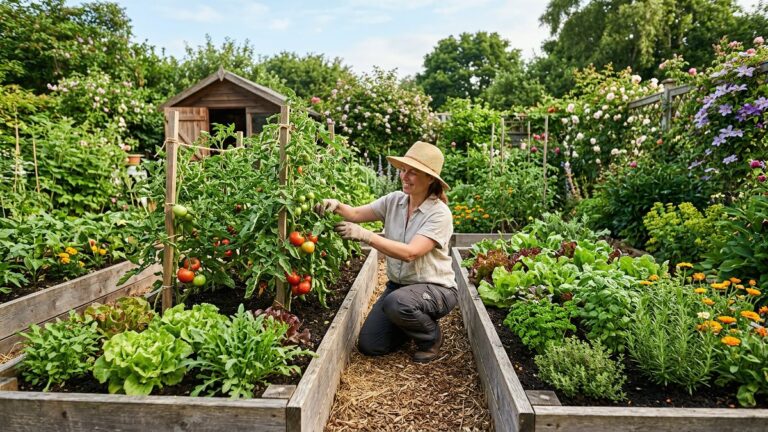 A woman in a wide-brimmed straw hat tends ripe tomatoes in a mulched raised-bed organic kitchen garden, surrounded by companion-planted marigolds, lettuce, and herbs on a bright summer's day.