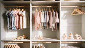 A neatly organized children's wardrobe with soft neutral-toned clothing on wooden hangers, representing an eco-friendly kids' capsule wardrobe built from organic cotton and natural fiber basics.