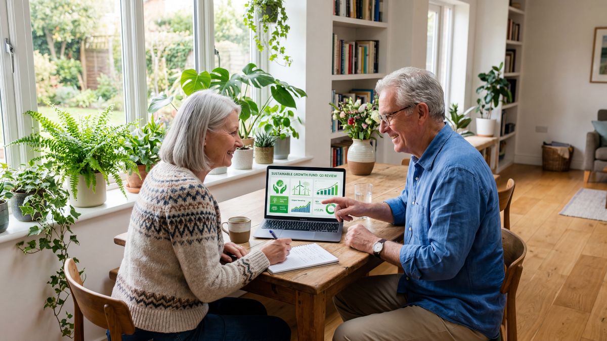 An older couple smiling as they review a sustainable growth fund portfolio together on a laptop at a home dining table surrounded by houseplants, planning their eco-friendly retirement investment strategy.