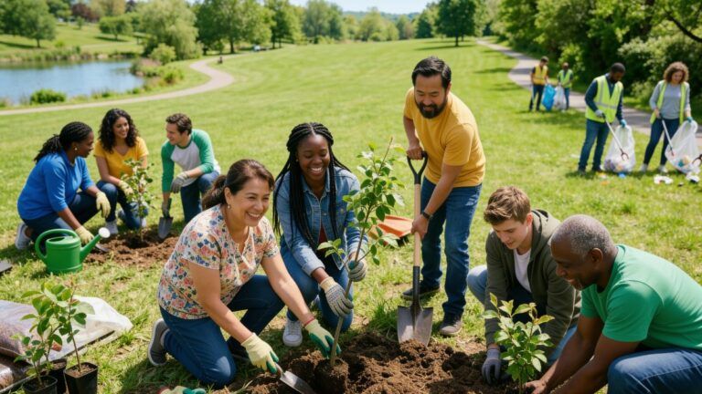 A diverse group of community volunteers plant trees and collect litter in a sunny park, showing how collective local action drives meaningful environmental impact.