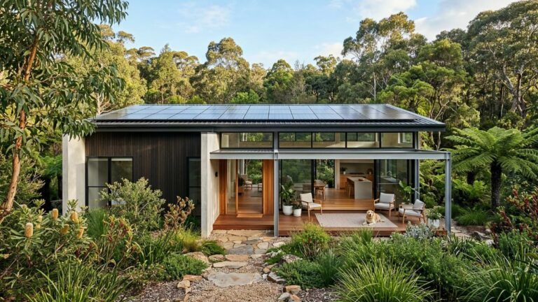 A solar-powered modern home surrounded by native Australian bush and lush ferns, with floor-to-ceiling glass walls opening to a timber deck, demonstrating what a sustainable home looks like when energy efficiency, thoughtful design, and natural landscaping come together.