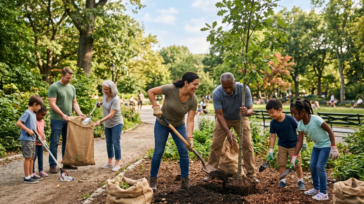 A multigenerational family plants a young tree and collects litter together in a sunny public park in the United States.