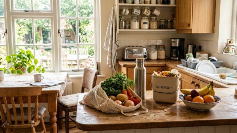 A stainless steel water bottle, a mesh produce bag of fresh vegetables, a compost caddy, and a bowl of fruit sit together on a wooden kitchen counter in a bright, lived-in home.