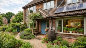 Cozy family home exterior with a rain barrel, solar panels, and potted herbs illustrating simple sustainable home features.