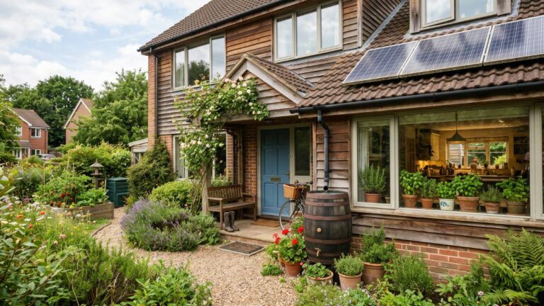 Cozy family home exterior with a rain barrel, solar panels, and potted herbs illustrating simple sustainable home features.