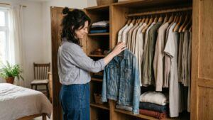 A woman stands at an open wooden wardrobe reaching for a well-worn blue denim jacket among a small, neatly edited rail of neutral-toned clothing.