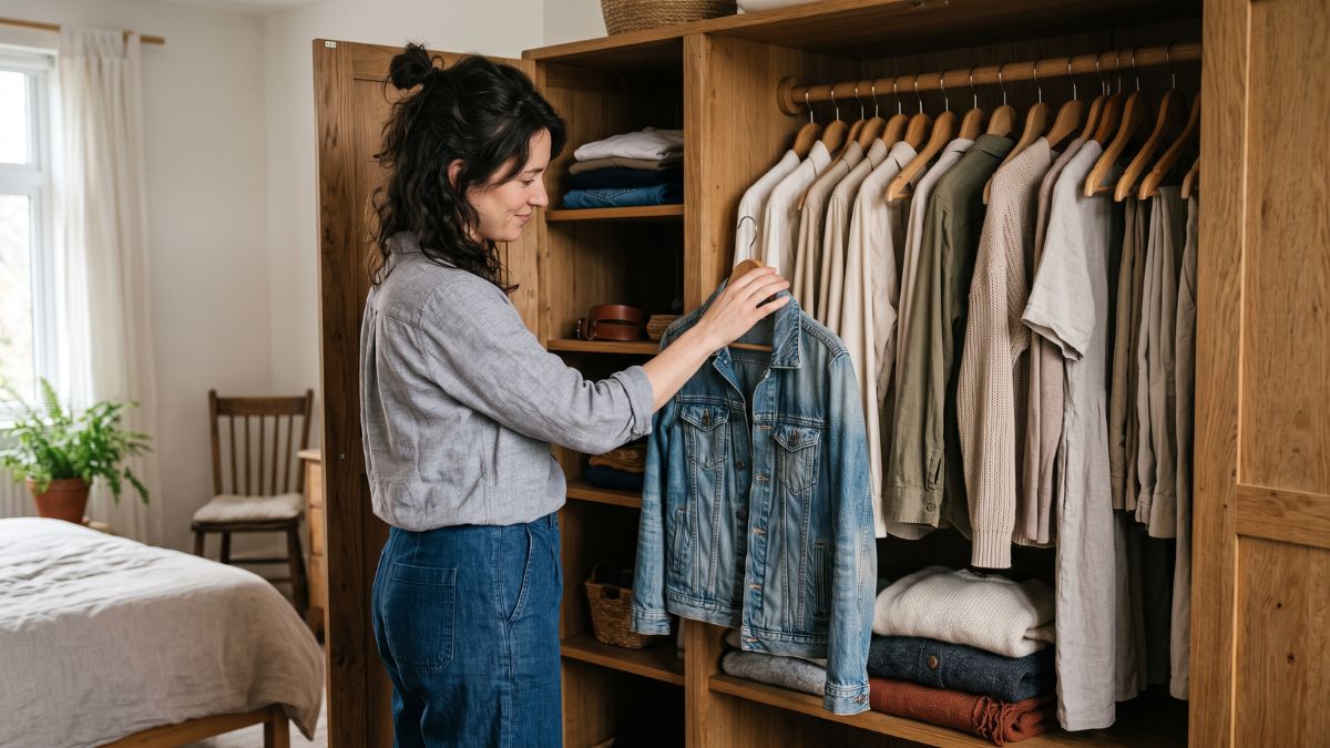A woman stands at an open wooden wardrobe reaching for a well-worn blue denim jacket among a small, neatly edited rail of neutral-toned clothing.