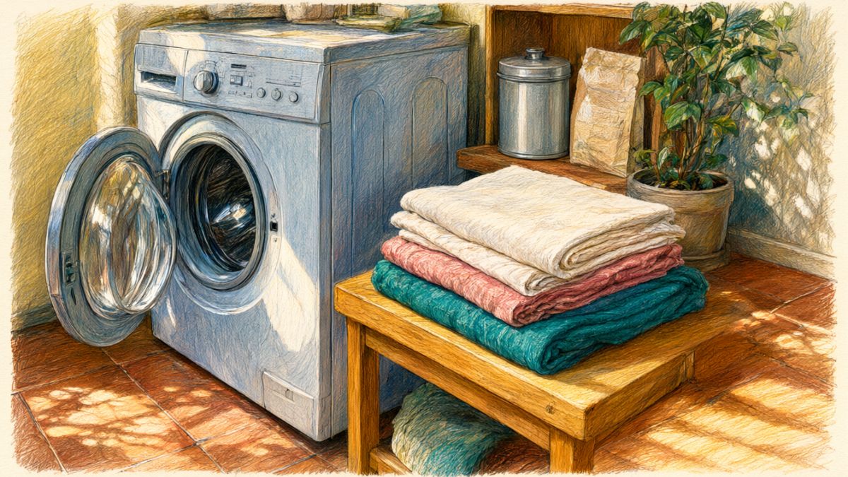 Illustration of a domestic laundry corner with a front-loading washing machine, folded linens, and an unmarked refill tin on a shelf.