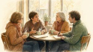 Illustration of a small group of adults sharing coffee and notes at a café table.
